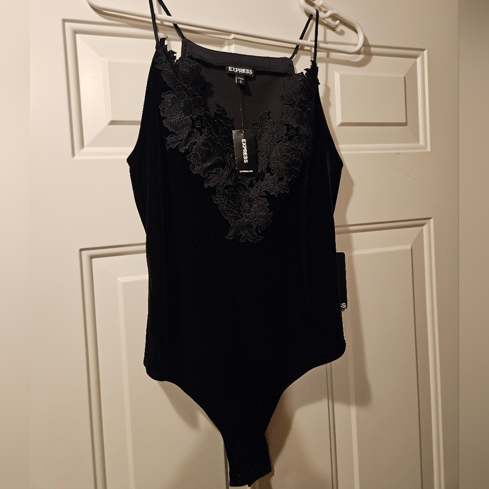 Express Black Velvet Lace Trim Bodysuit